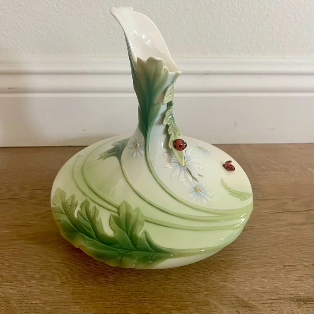 Franz Collection Porcelain Spring Ladybug Flowers Vase 9” Signed Retired FZ00468